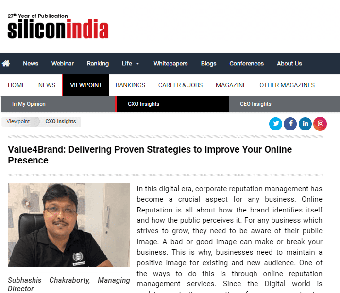 Silicon India Review on Value4Brand