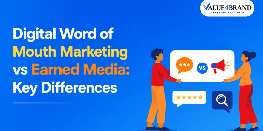 Digital word of mouth marketing vs earned media comparison infographic showing key differences in brand visibility, trust, audience reach, and organic marketing strategies.