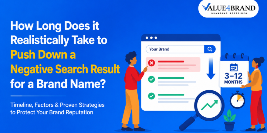 Infographic showing how long it takes to push down negative search results for a brand name using SEO and online reputation management (ORM) strategies to improve Google search rankings.